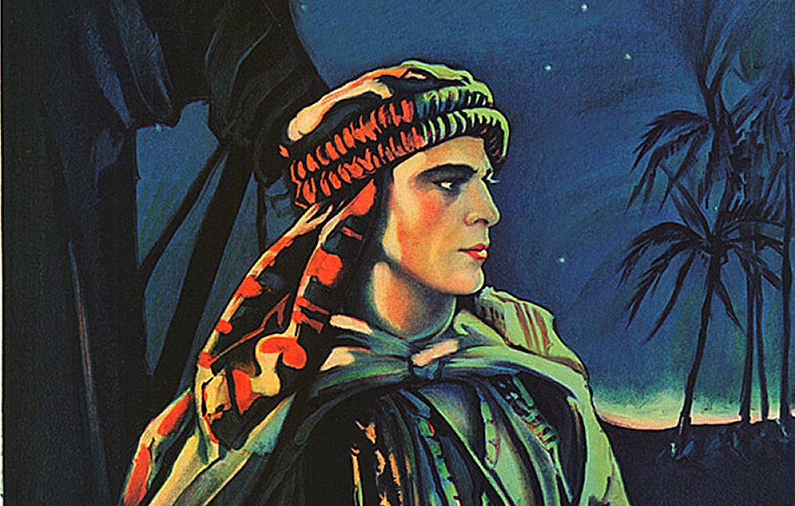 L'image représente une illustration d'un homme, probablement un personnage historique ou un acteur, vêtu d'un costume traditionnel qui semble faire référence à une époque ou une culture spécifique. Il porte une coiffe élaborée et son expression est pensive, regardant vers l'horizon. En arrière-plan, on aperçoit des palmiers et un ciel étoilé, ce qui crée une ambiance nocturne. Le nom "Rudolph Valentino" est inscrit en bas, indiquant qu'il pourrait s'agir de cet acteur emblématique. Les couleurs sont riches et vivent, contribuant à l'atmosphère mélancolique et dramatique de l'image.