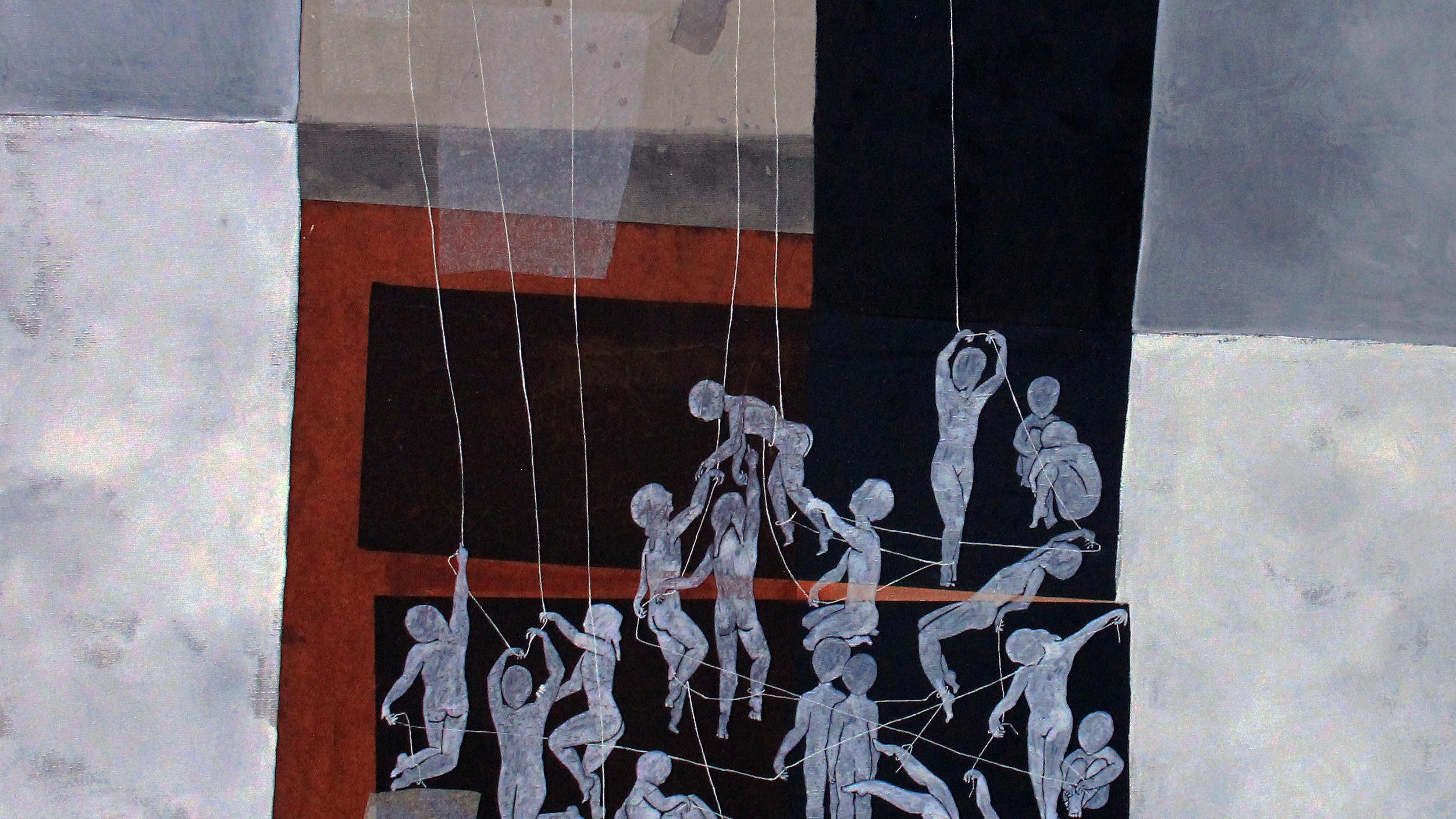 L'image présente une composition artistique abstraite, où l'on peut voir des figures humaines stylisées suspendues par des fils, évoquant un thème de manipulation ou de contrôle. Les couleurs utilisées sont principalement des nuances de gris, noir, blanc et quelques touches de rouge, créant un contraste marqué. En haut de l'œuvre, des mains semblent tirer les fils, ce qui suggère une dynamique entre le pouvoir et l'impuissance. Les différentes positions des personnages transmettent des émotions variées, allant de la lutte à l'équilibre. L'ensemble dégagée une atmosphère introspective et peut être interprété de différentes manières selon le regard de chacun.