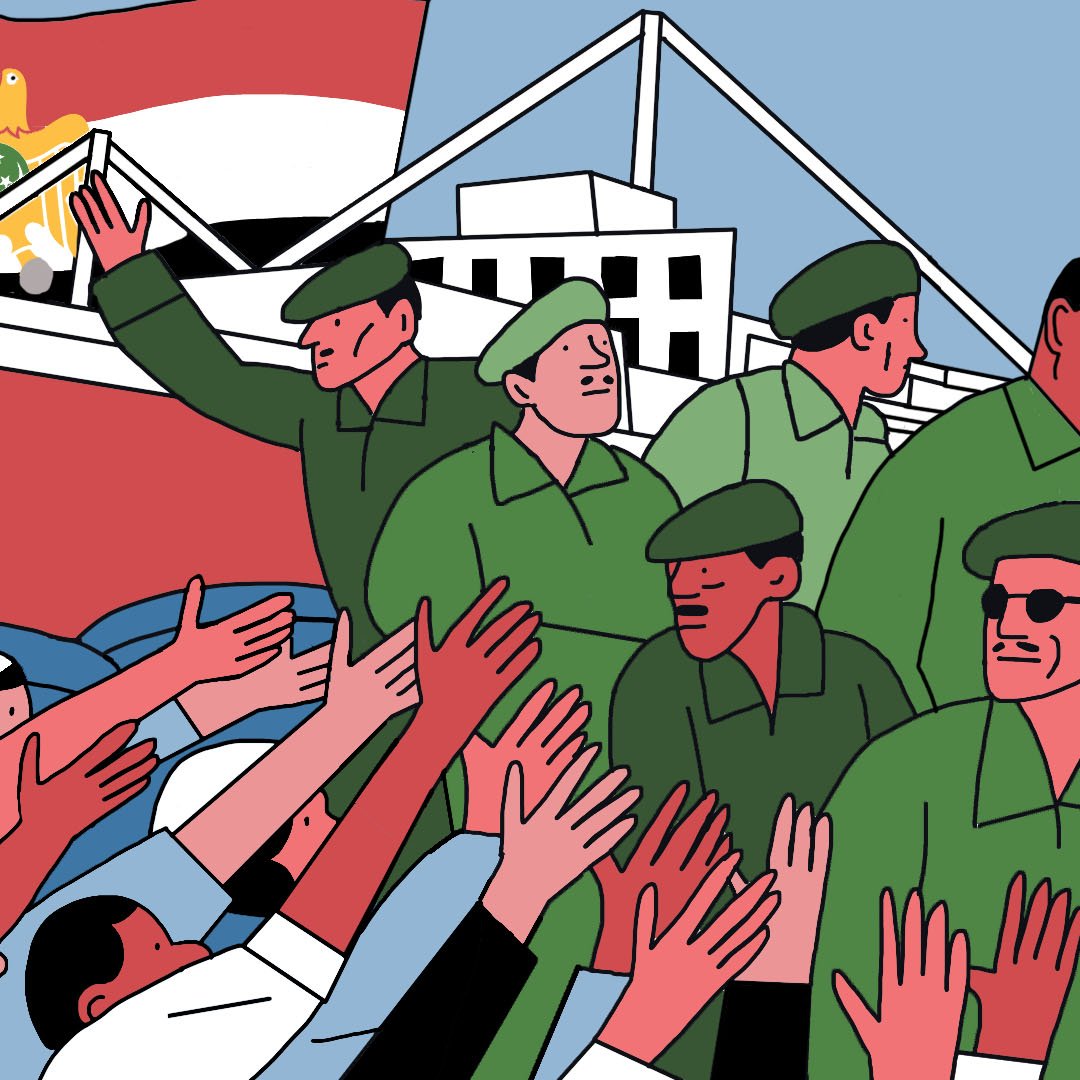 L'image représente une scène animée où des soldats en uniforme vert interagissent avec une foule. On peut voir des personnages saluant ou levant les mains dans un geste d'accueil. En arrière-plan, un bateau est visible, portant un drapeau avec des symboles qui évoquent un pays. La scène semble évoquer un moment de célébration ou d'un événement marquant, avec un style graphique coloré et stylisé.