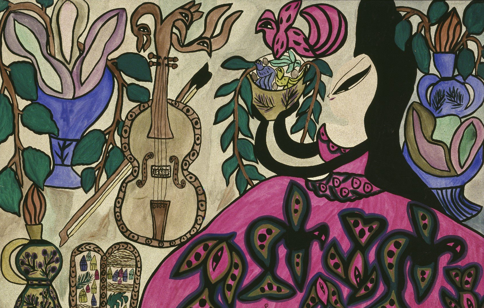 L'image représente une composition colorée et stylisée, probablement d'inspiration artistique moderne. On y voit une silhouette féminine, avec des éléments floraux et des motifs géométriques, ainsi qu'un violon. Les couleurs vives et les formes organiques créent une atmosphère dynamique et expressive. Les vases décoratifs et les plantes ajoutent une touche de vie à la scène. L'ensemble donne une impression de richesse visuelle et d'harmonie.