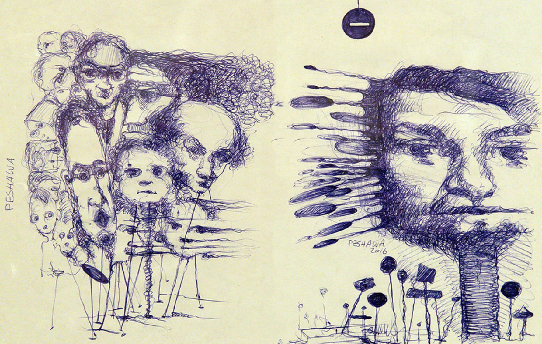 الصورة تبدو كعمل فني يتضمن رسومات باللون الأزرق، حيث تظهر مجموعة من الوجوه المتنوعة المعبرة والمشوهة قليلاً. في الجانب الأيسر، هناك عدة تفاصيل لوجوه بشرية تتداخل مع بعضها، بينما يظهر في الجانب الأيمن وجه آخر بشكل أكثر وضوحًا. تُستخدم الخطوط والأشكال لإضافة عمق وتعبيرات قوية، مما يخلق تأثيرًا فنيًا مميزًا. التصميم يبدو معقدًا ويعكس أسلوب فني حديث.