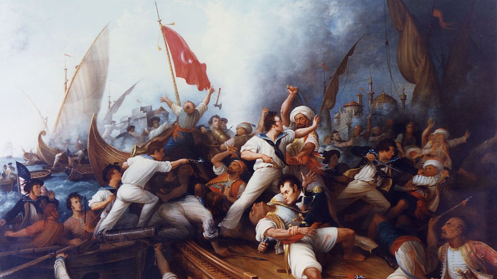 L'image représente une scène de bataille navale dynamique et dramatique. On y voit de nombreux personnages en plein combat sur des bateaux, avec des voiles déployées et des drapeaux brandis. Certains marins sont engagés dans des combats rapprochés, tandis que d'autres semblent prendre les commandes des embarcations. L'arrière-plan montre une ville fortifiée, suggérant un conflit maritime intense. La palette de couleurs est riche, avec des tons de bleu et de rouge, créant une atmosphère émotionnelle et mouvementée.