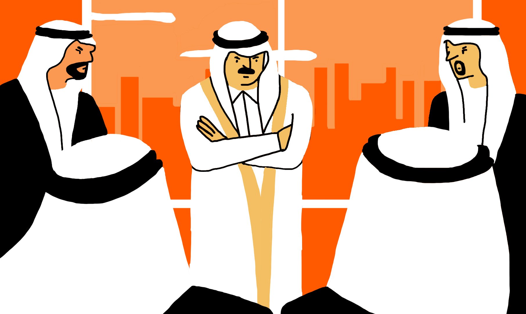 L'image montre trois hommes vêtus de costumes traditionnels du Moyen-Orient, probablement en train de discuter ou de débattre. L'homme au centre semble contrarié, les bras croisés et l'air sérieux, tandis que les deux autres hommes, de part et d'autre, affichent des expressions faciales variées. L'arrière-plan est d'une teinte orange, évoquant une ambiance dynamique ou tendue. La scène semble se dérouler dans un environnement urbain, suggérant un contexte professionnel ou de réunion.