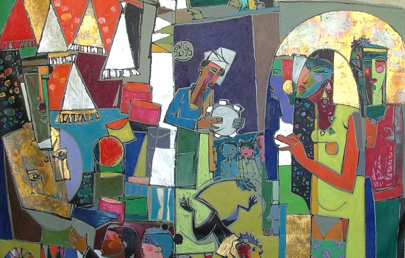 Cette image présente une composition colorée et abstraite, caractéristique d'un style moderne. On y observe des figures humaines stylisées, certaines tenant des objets, tandis que d'autres semblent engagées dans des activités variées. Les couleurs vives et les formes géométriques créent un effet dynamique. À droite, une figure féminine attire l'attention avec une posture suggestive, entourée de motifs colorés et d'autres personnages en action. L'ensemble évoque une scène animée, probablement inspirée de la vie quotidienne ou d'un marché.