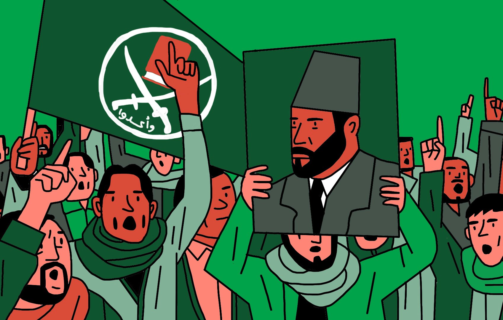 L'image montre une foule de manifestants brandissant des drapeaux et des pancartes. Les personnes sont vêtues de vêtements similaires, avec des écharpes autour du cou. Certains lèvent le poing en l'air, exprimant leur enthousiasme ou leur soutien. Au centre, un individu tient un portrait d'une figure masculine portant un chapeau traditionnel. Le fond est vert, ce qui renforce l'ambiance de la manifestation. Les motifs sur les drapeaux et le signe sur le portrait indiquent une forte identification à une idéologie ou un mouvement particulier.