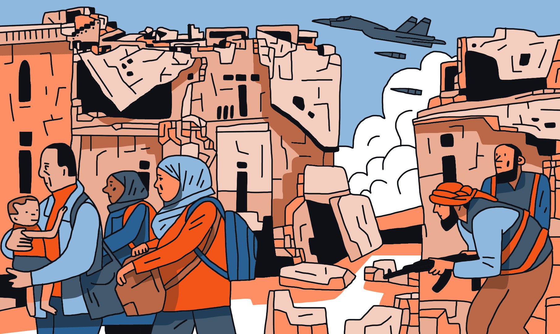 L'image représente une scène de conflit et de détresse. On y voit un groupe de personnes, dont une femme portant un enfant, en train de marcher à travers des ruines. Ils semblent fuyants, avec des expressions préoccupées. À l'arrière-plan, des bâtiments en désordre et détruits montrent les conséquences de la guerre. On aperçoit également un avion militaire au ciel, ajoutant à l'ambiance de tension. Une autre personne est armée, surveillant les environs. La palette de couleurs évoque un sentiment de désolation et de gravité.