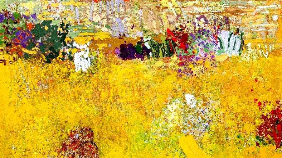 L'image présente un paysage vibrant et abstrait dominé par des teintes jaunes éclatantes. On y retrouve des touches de couleurs variées, comme du violet, du blanc et des nuances de vert, qui semblent évoquer des fleurs ou des éléments naturels. La texture de la peinture donne une impression de mouvement et de vie, créant une atmosphère lumineuse et joyeuse. Les formes sont délibérément floues, contribuant à l'aspect impressionniste de l'œuvre.