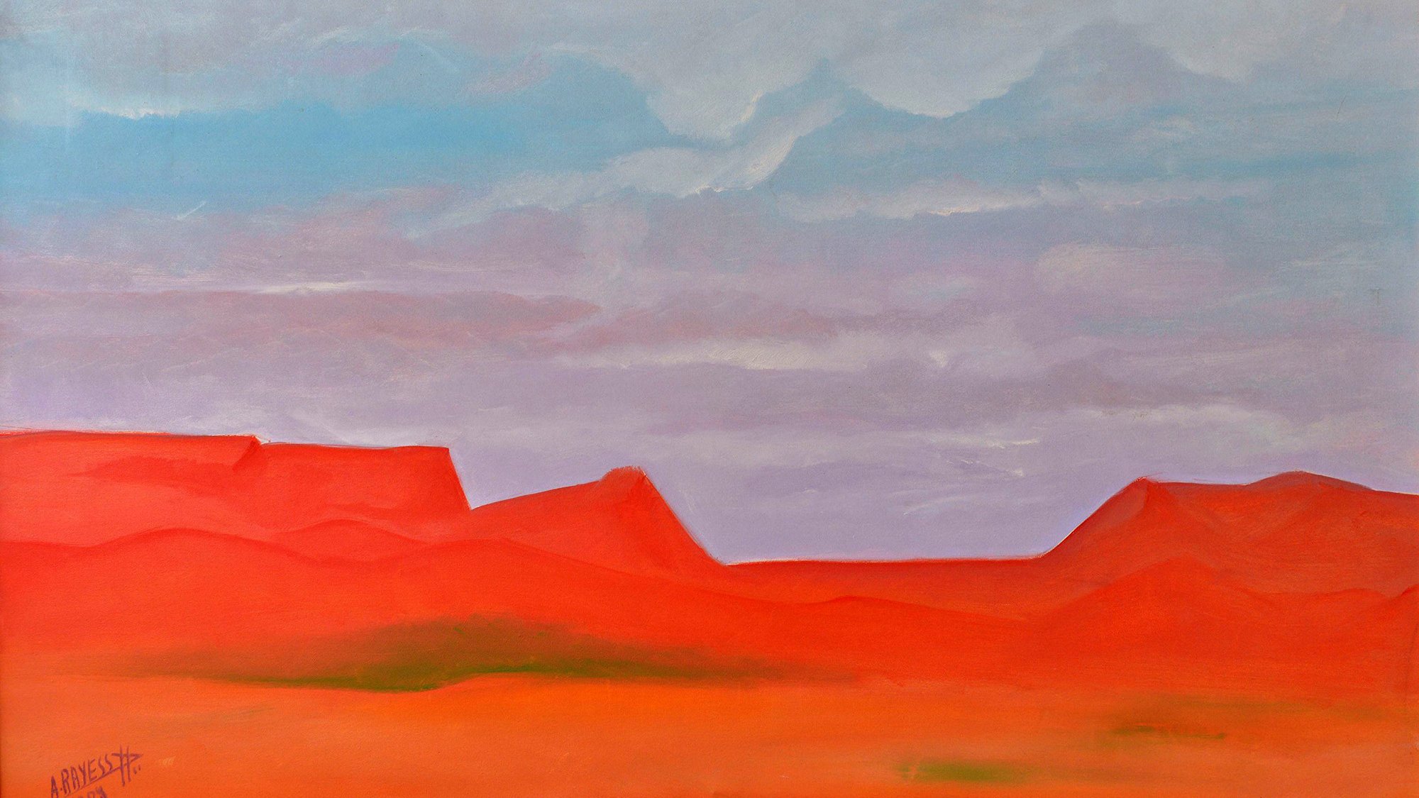 L'image présente un paysage abstrait dominé par des teintes rouges et orange. On distingue des collines ou des montagnes stylisées qui se découpent sur un ciel aux nuances de bleu, de gris et de violet. Le contraste entre les couleurs chaudes et froides crée une atmosphère à la fois vibrante et apaisante, laissant transparaître une sensation de calme et d'harmonie dans ce paysage minimaliste.