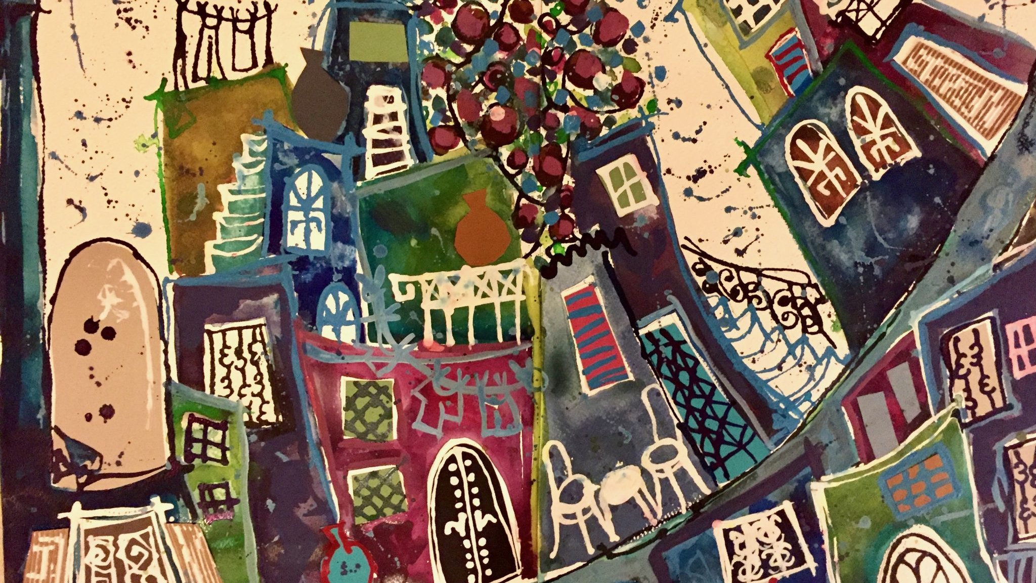 L'image montre une scène colorée et abstraite d'un paysage urbain. On y voit des bâtiments stylisés aux formes ondulées, peints dans des tons de bleu, vert, et rouge. Les fenêtres et portes sont ornées de motifs variés, et certaines façades sont décorées de pots et vases. Au-dessus des maisons, un groupe de fruits ou de fleurs donne une touche de fraîcheur à la composition. L'ensemble dégage une atmosphère joyeuse et artistique.