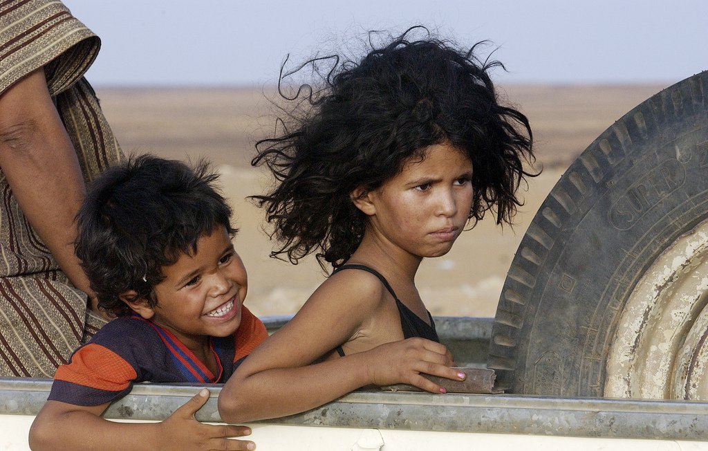L'image montre deux enfants, un garçon et une fille, sur un véhicule. Le garçon, souriant, a les cheveux noirs et bouclés, et il semble joyeux. La fille, dont les cheveux sont également très volumineux, a une expression sérieuse ou pensive. Ils sont entourés d'un paysage désertique aux nuances de jaune et de beige. L'arrière-plan suggère un environnement rustique et chaud.