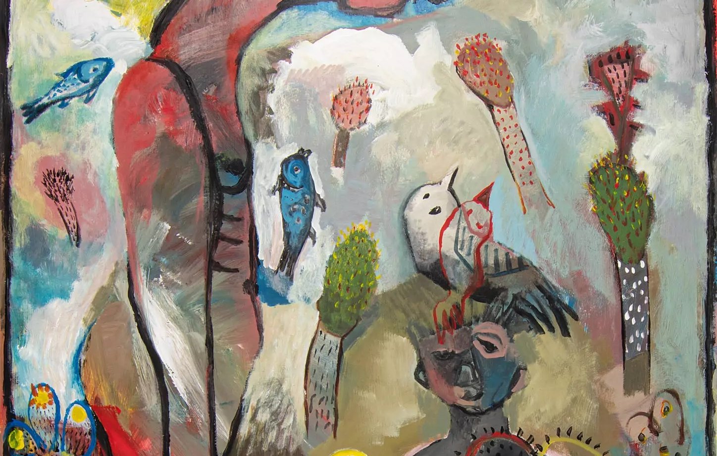 L'image présente une œuvre artistique aux couleurs vives et aux formes abstraites. On y voit des figures humaines stylisées, dont l'une est très grande et l'autre plus petite, qui semblent interagir dans un paysage composé de motifs naturels et d'éléments graphiques. Des oiseaux viennent s'ajouter à cette scène, perchés sur des arbres stylisés. Le fond est coloré avec des nuances de rouge, de jaune et de vert, créant une atmosphère dynamique et expressive. Les formes et les couleurs évoquent une certaine légèreté, tout en laissant transparaître une profondeur émotionnelle.