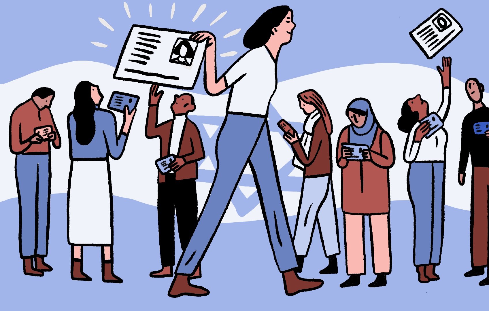 La imagen muestra a un grupo de personas en un fondo de color azul claro. En el centro, hay una mujer alta que sostiene un cartel con una imagen. A su alrededor, varias personas están interactuando con dispositivos móviles y documentos. Algunas parecen estar compartiendo información, mientras que otras levantan las manos, posiblemente para llamar la atención o participar. La escena transmite un ambiente de comunicación y actividad colectiva.