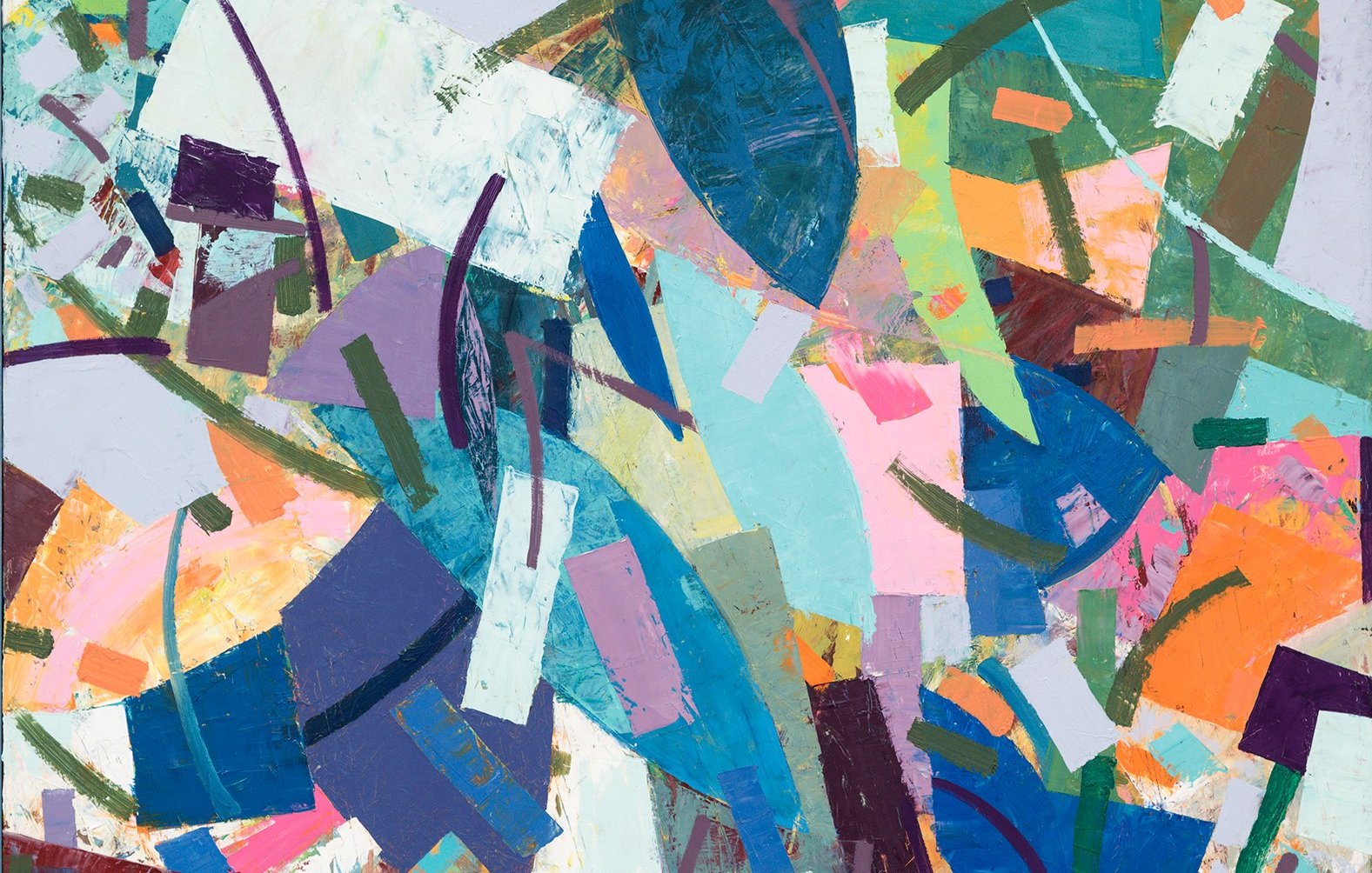 Cette image présente une composition abstraite riche en couleurs et en formes. On y voit des coups de pinceau dynamiques et variés, créant un mouvement visuel. Les teintes vibrantes comme le bleu, le vert, le rose et le rouge se côtoient harmonieusement, tandis que des formes géométriques, telles que des rectangles et des ovales, s'entrelacent. L'œuvre évoque une sensation de dynamisme et d'énergie, invitant l'observateur à l'interpréter librement.