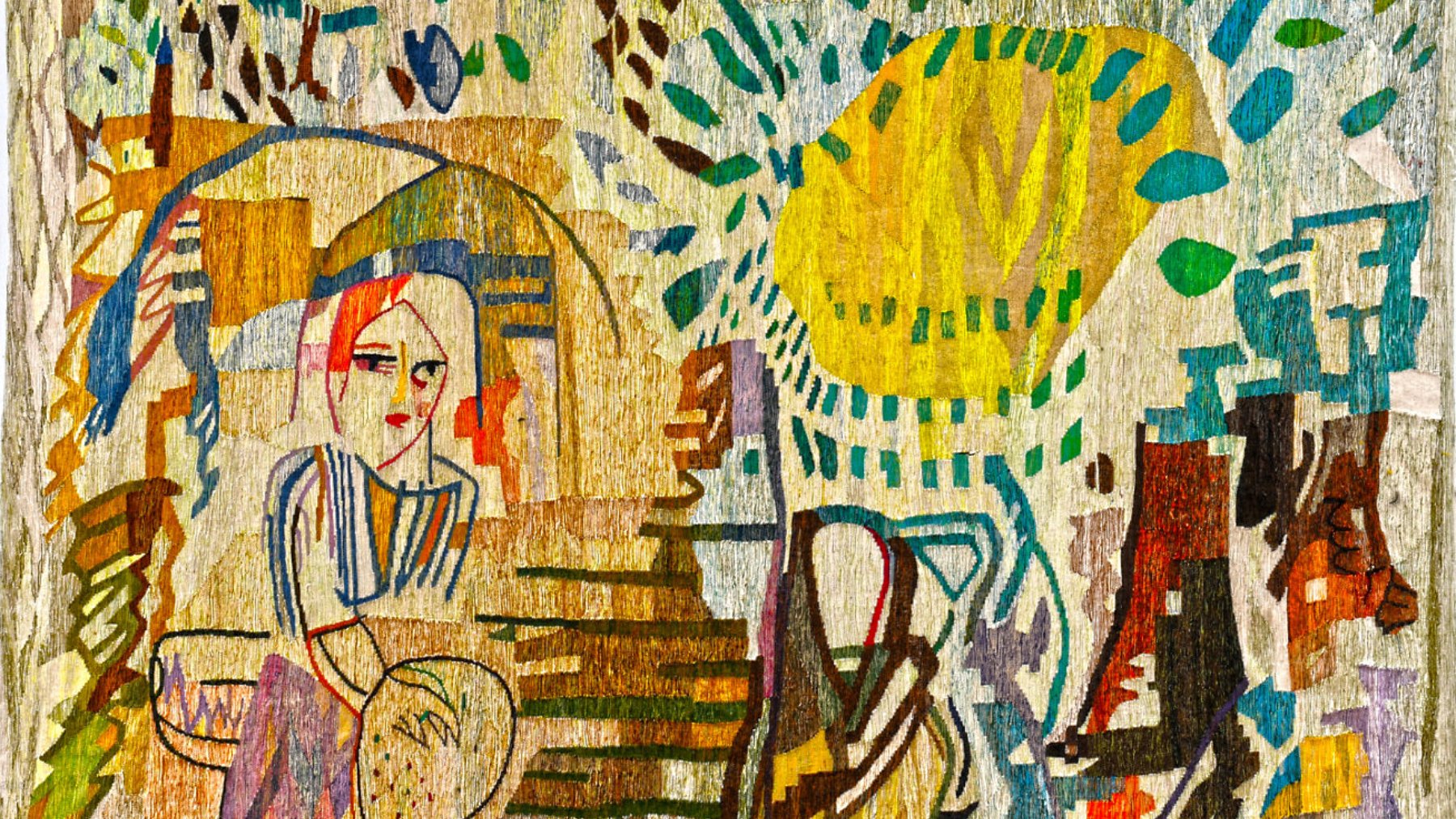 L'image présente une scène stylisée et colorée, caractérisée par des formes géométriques et des motifs abstraits. On y voit une figure humaine, probablement une femme, assise dans un environnement qui évoque la nature, avec des éléments qui pourraient représenter des arbres ou des plantes. Les couleurs sont vives et variées, contribuant à une atmosphère dynamique et expressive. L'ensemble de l'œuvre semble inspirer une fraîcheur et une créativité jouant sur les contrastes et les textures.