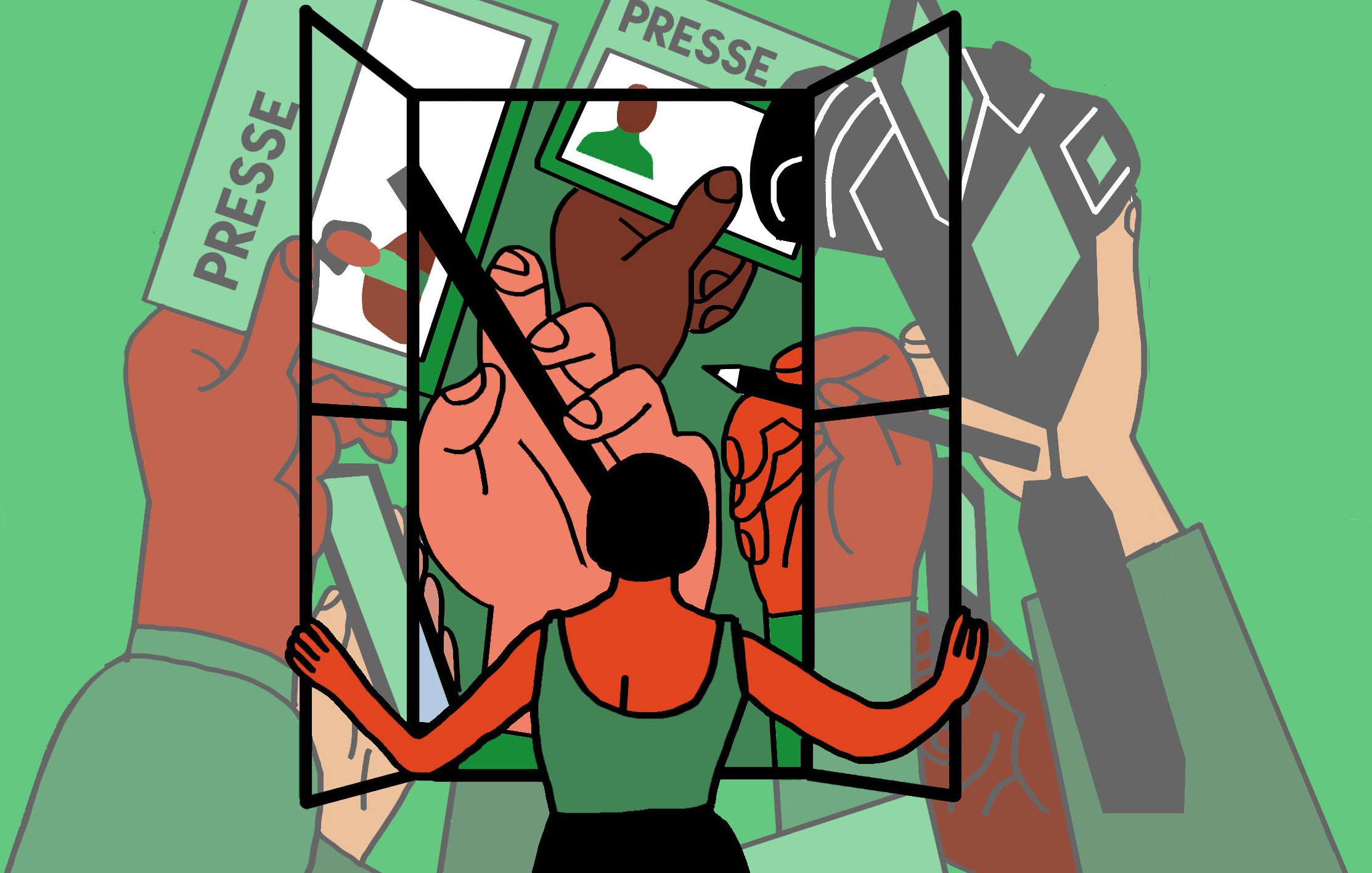 L'image montre une silhouette de femme tenant un cadre ouvert, tandis que plusieurs mains sont projetées derrière elle, tenant des cartes de presse et un appareil photo. Le fond est vert, ce qui attire l'attention sur l'action de prendre des photos ou de documenter des événements. Les éléments évoquent le journalisme et la couverture médiatique. La composition suggère une interaction dynamique entre la journaliste et l'objet de son travail.