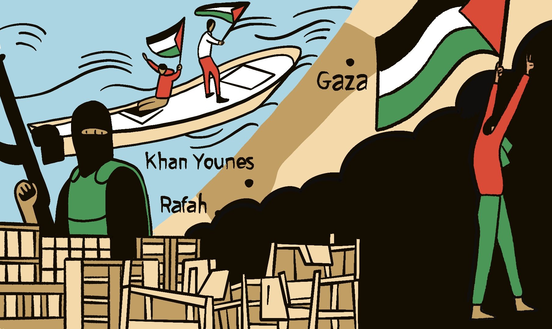 L'image illustre une scène symbolique représentant la région de Gaza. Sur la gauche, un personnage armé est visible, évoquant une atmosphère de tension. Au centre, deux personnes sur un bateau brandissent des drapeaux palestiniens, exprimant une forme de résistance ou de célébration. À droite, des silhouettes se découpent contre un fond sombre, tandis qu'un drapeau est levé en signe de protestation ou de solidarité. Les lieux mentionnés, Khan Younes et Rafah, sont situés dans la bande de Gaza, ancrant ainsi l'image dans un contexte géopolitique spécifique.