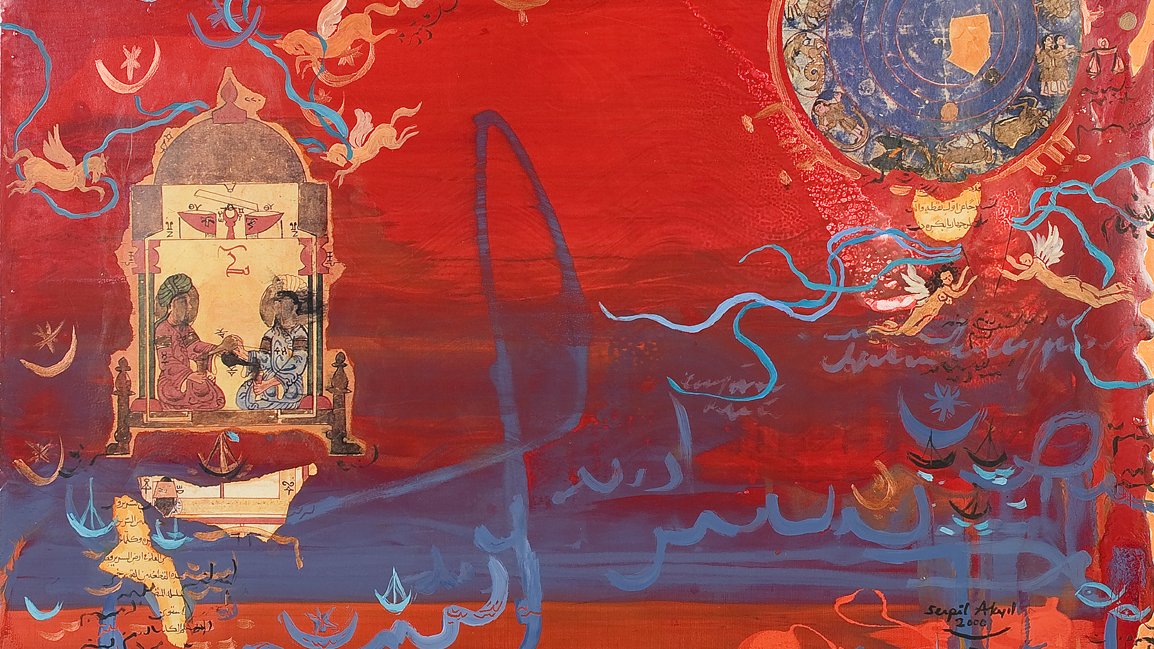 L'image présente une composition riche et colorée, dominée par des tons rouges. On peut y voir des éléments figuratifs, comme une structure évoquant un palais ou un temple en haut à gauche, où deux figures semblent interagir. En arrière-plan, un cercle bleu, probablement un ciel ou un symbole cosmique, ajoute une dimension d'émerveillement. Des motifs fluides, comme des lignes ondulées et des formes stylisées, traversent l'espace, créant un sens de mouvement. L'ensemble dégage une atmosphère mystérieuse et dynamique, mêlant des influences culturelles variées.