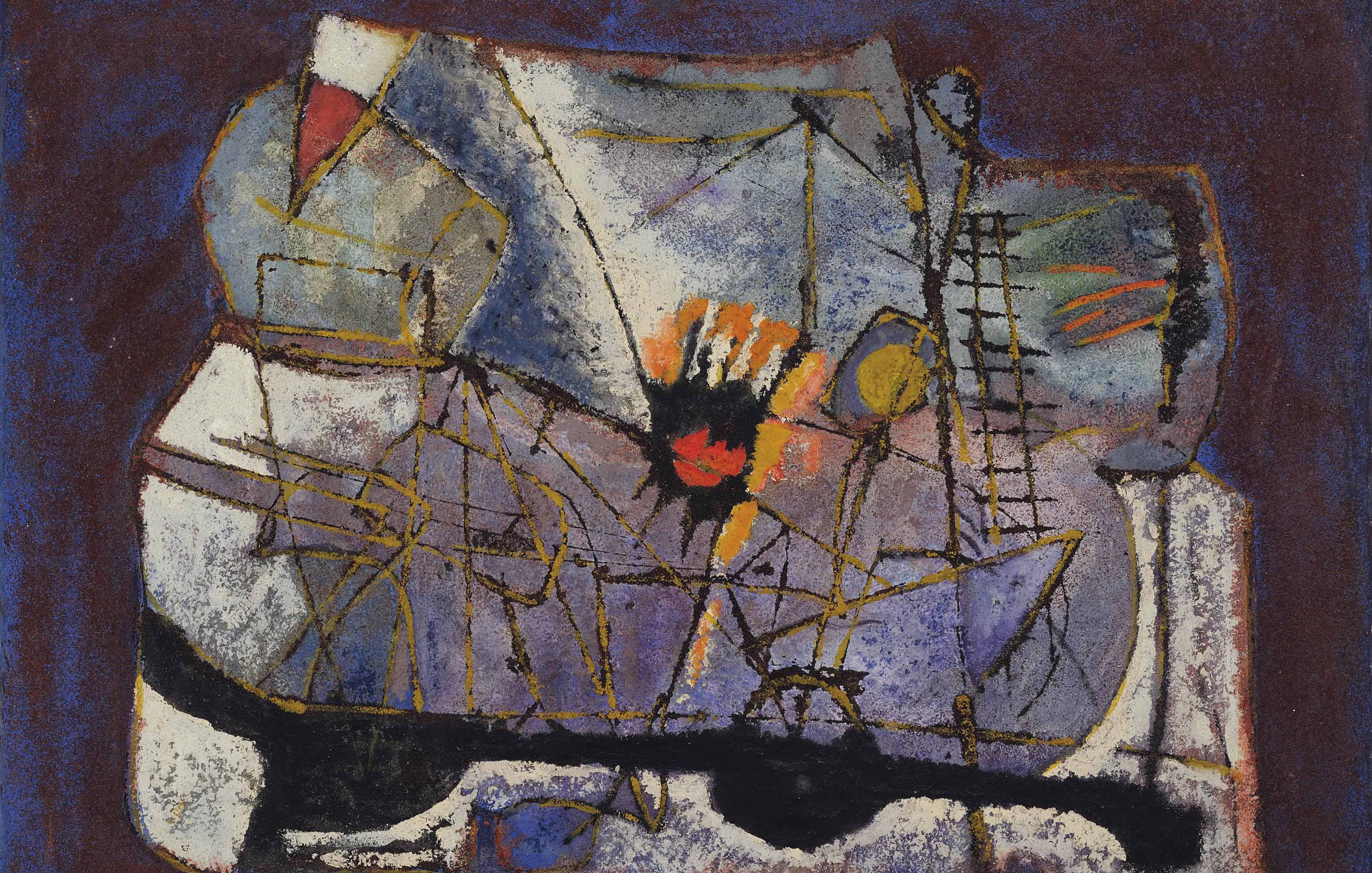 L'image représente une composition abstraite aux couleurs vives et aux formes géométriques. On y voit des traits noirs qui délimitent diverses formes, évoquant peut-être des structures architecturales ou des éléments naturels. Les couleurs dominantes comprennent des tons de bleu, de violet, de jaune et d'orange, ce qui crée un contraste intéressant et dynamique. L'ensemble dégage une impression de profondeur et de mouvement, typique de l'art abstrait.