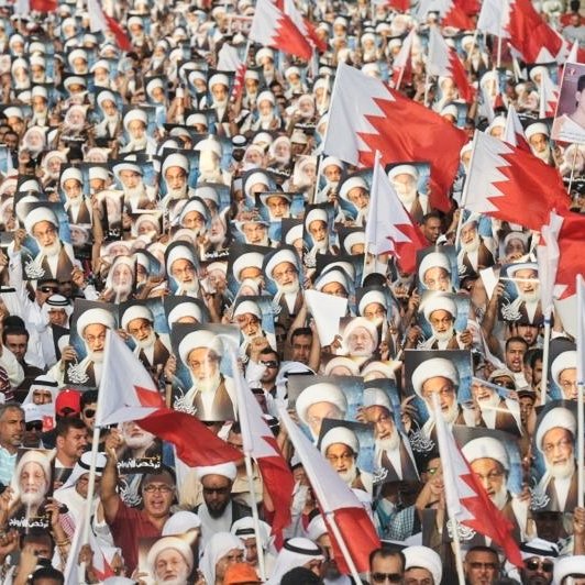 L'image montre une grande foule de manifestants réunis, brandissant des drapeaux et des portraits. Les personnes sont vêtues de manière variée, certaines portant des keffiehs. Les drapeaux représentent probablement le pays en question, tandis que les portraits semblent être ceux de figures clés ou de leaders. L'atmosphère dégage une forte impression de solidarité et de mobilisation autour d'une cause politique ou sociale.