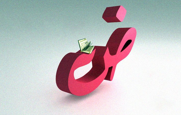 L'image montre une représentation en 3D d'un symbole stylisé, probablement une lettre ou un caractère, coloré en rose. Sur une partie de ce symbole, des billets de banque sont placés, ajoutant un élément financier ou économique à la composition. Le fond est d'une teinte claire, ce qui fait ressortir le symbole et les billets. L'ensemble donne une impression moderne et dynamique, suggérant un lien entre le symbolisme et l'argent.