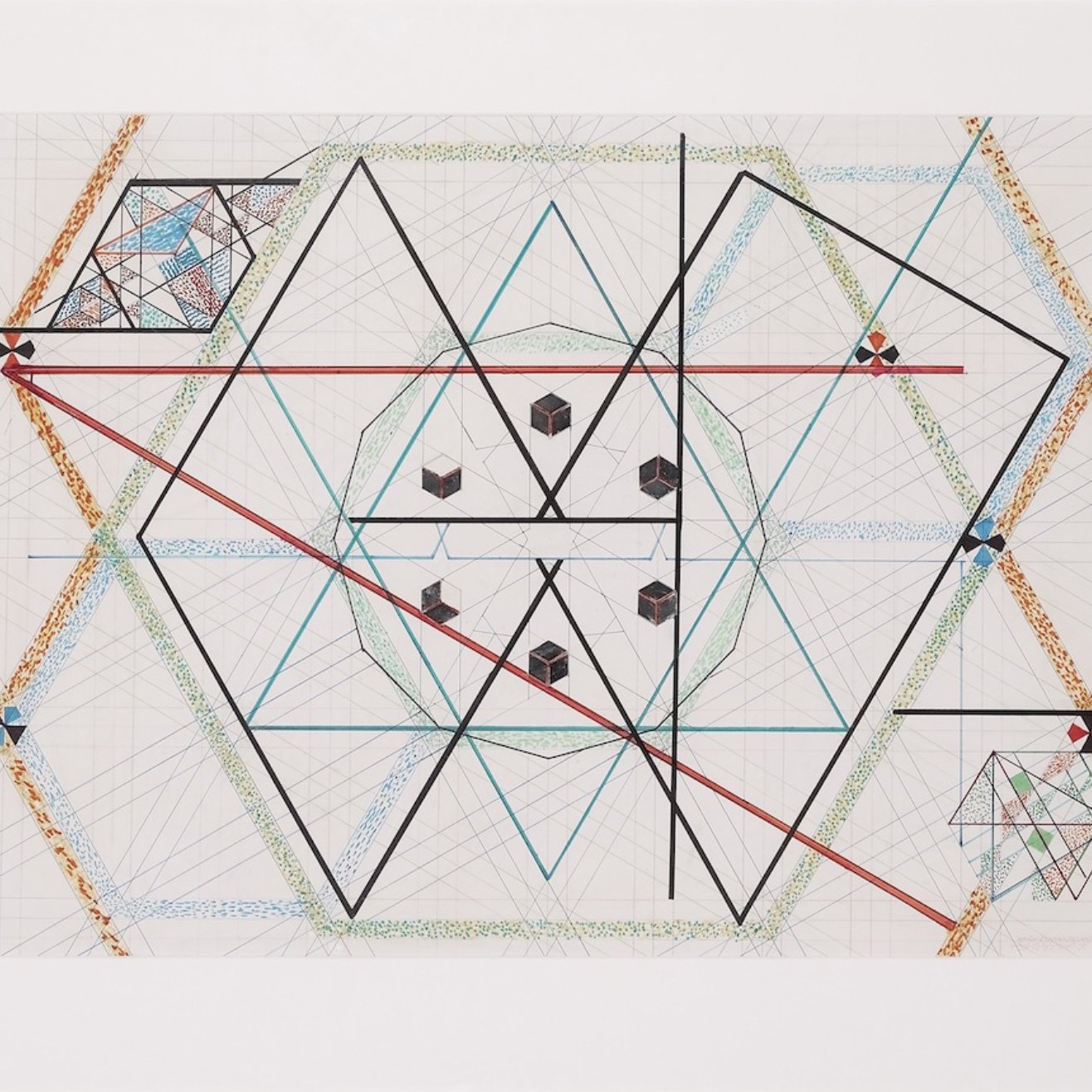 L'image présente un dessin complexe et géométrique, intégrant des formes variées comme des hexagones, des carrés et des lignes droites. On y voit un motif central organisé autour de plusieurs axes, où se croisent des lignes de différentes couleurs, notamment bleu, noir, et rouge. Des cubes et d'autres formes géométriques sont disposés à intervalle régulier, ajoutant de la profondeur et de la dimension au design. L'ensemble crée une composition harmonieuse et symétrique qui attire l'œil grâce à ses détails et son utilisation créative des couleurs et des formes.