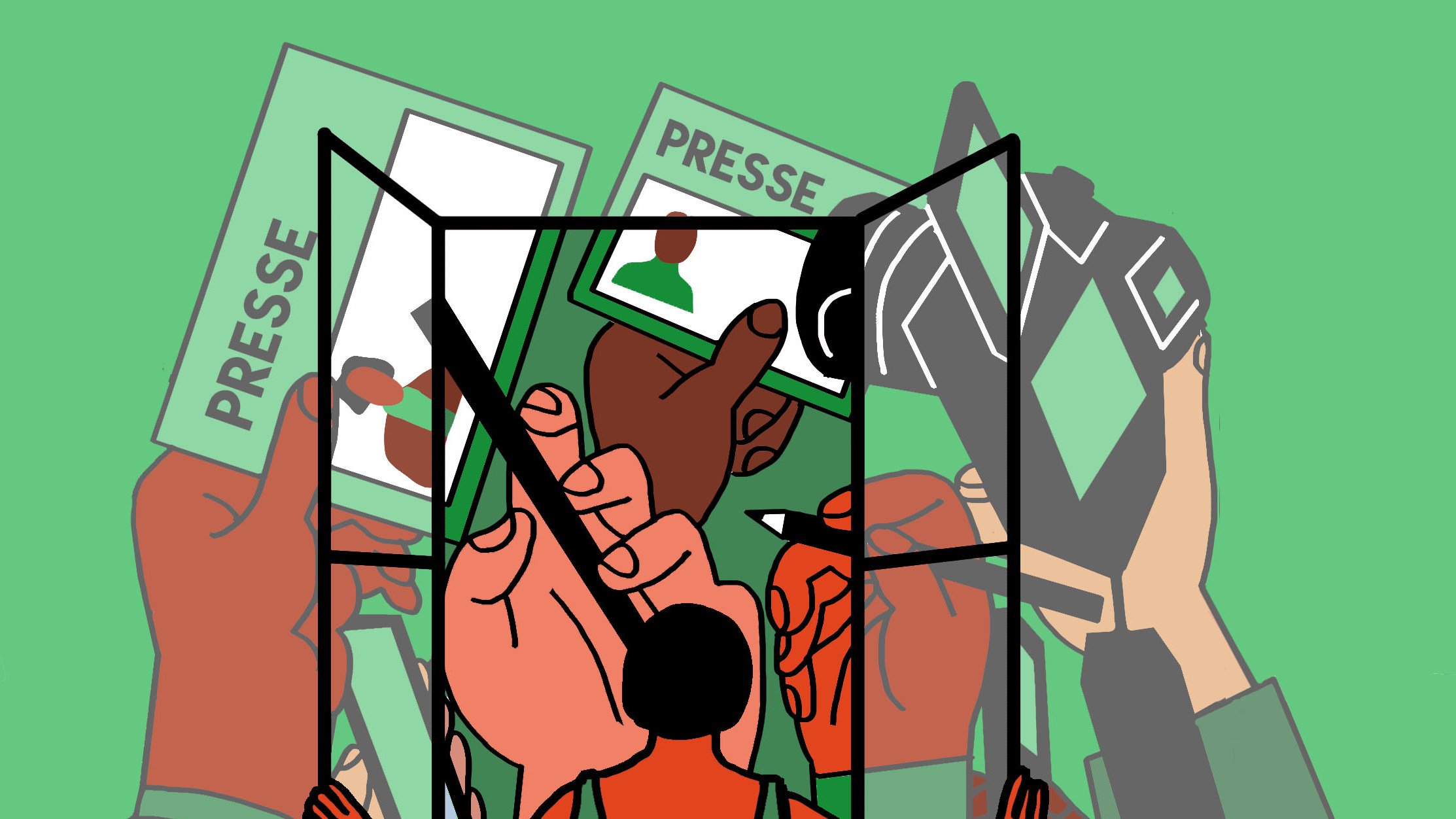 L'image montre une figure centrale, probablement une journaliste, entourée de plusieurs mains qui tiennent des objets liés à la presse, comme des cartes de presse et un appareil photo. La personne semble observer ou interagir avec ces éléments, symbolisant le travail du journaliste. L'arrière-plan est d'une couleur unie, ce qui donne une impression de profondeur et de concentration sur le sujet principal. Les différentes mains indiquent la diversité des tâches et des interactions dans le domaine du journalisme.