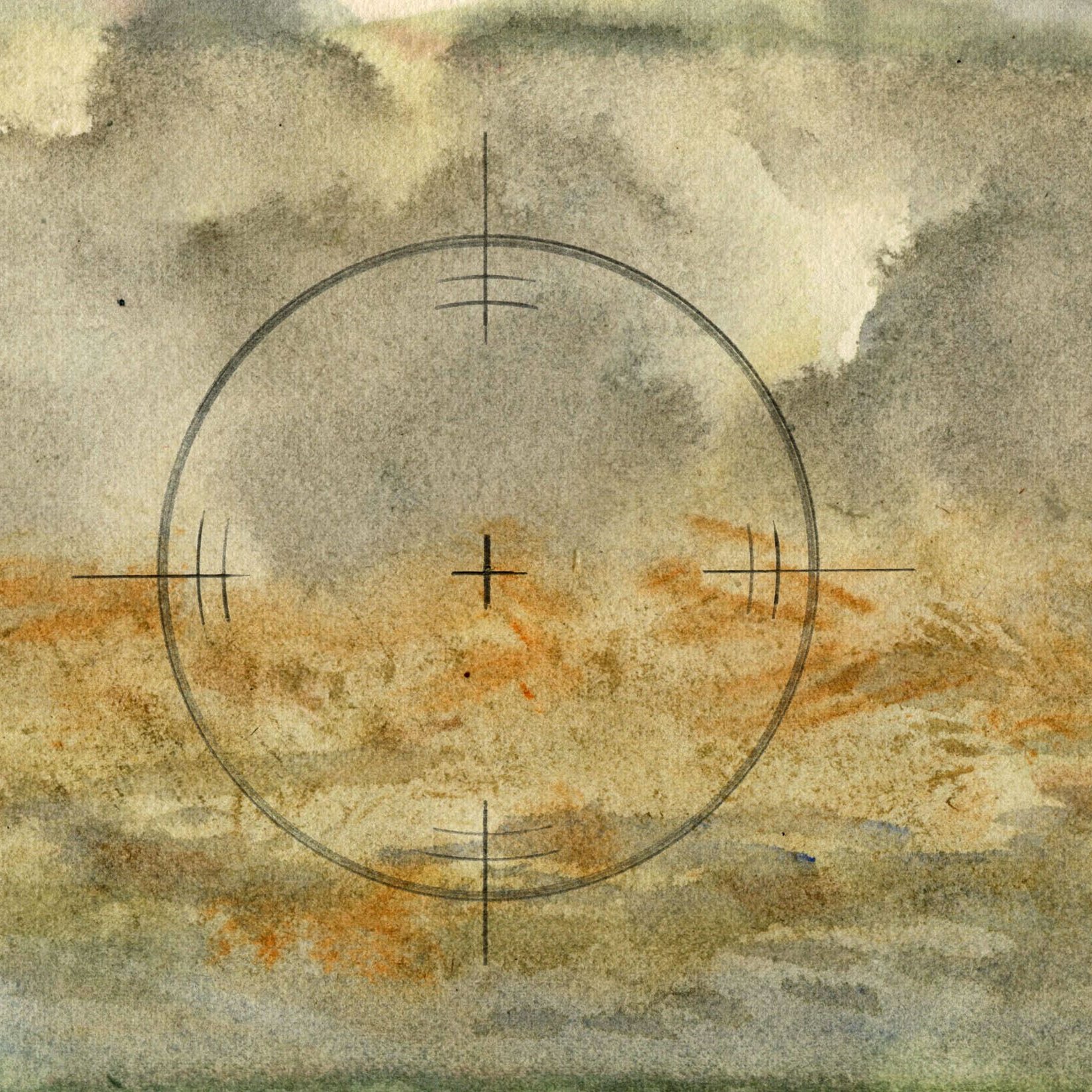 L'image présente une scène peinte à l'aquarelle, où des nuages gris se mêlent à des teintes plus chaudes comme le beige et l'orange, suggérant une atmosphère dramatique ou mélancolique. Au centre, un motif circulaire avec des lignes de visée, semblable à un viseur, attire l'œil, créant un effet de focalisation sur le paysage. Les couleurs douces et les textures fluides de l'aquarelle donnent un aspect délicat à l'ensemble.