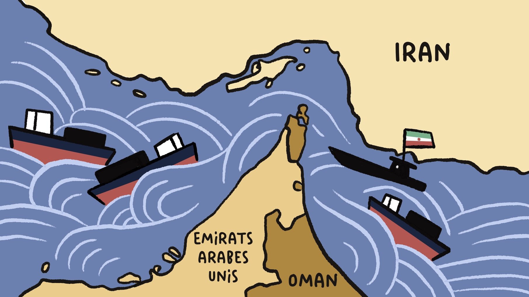 A cartoon map showing boats in rough waters near Iran, with labels for the UAE and Oman.