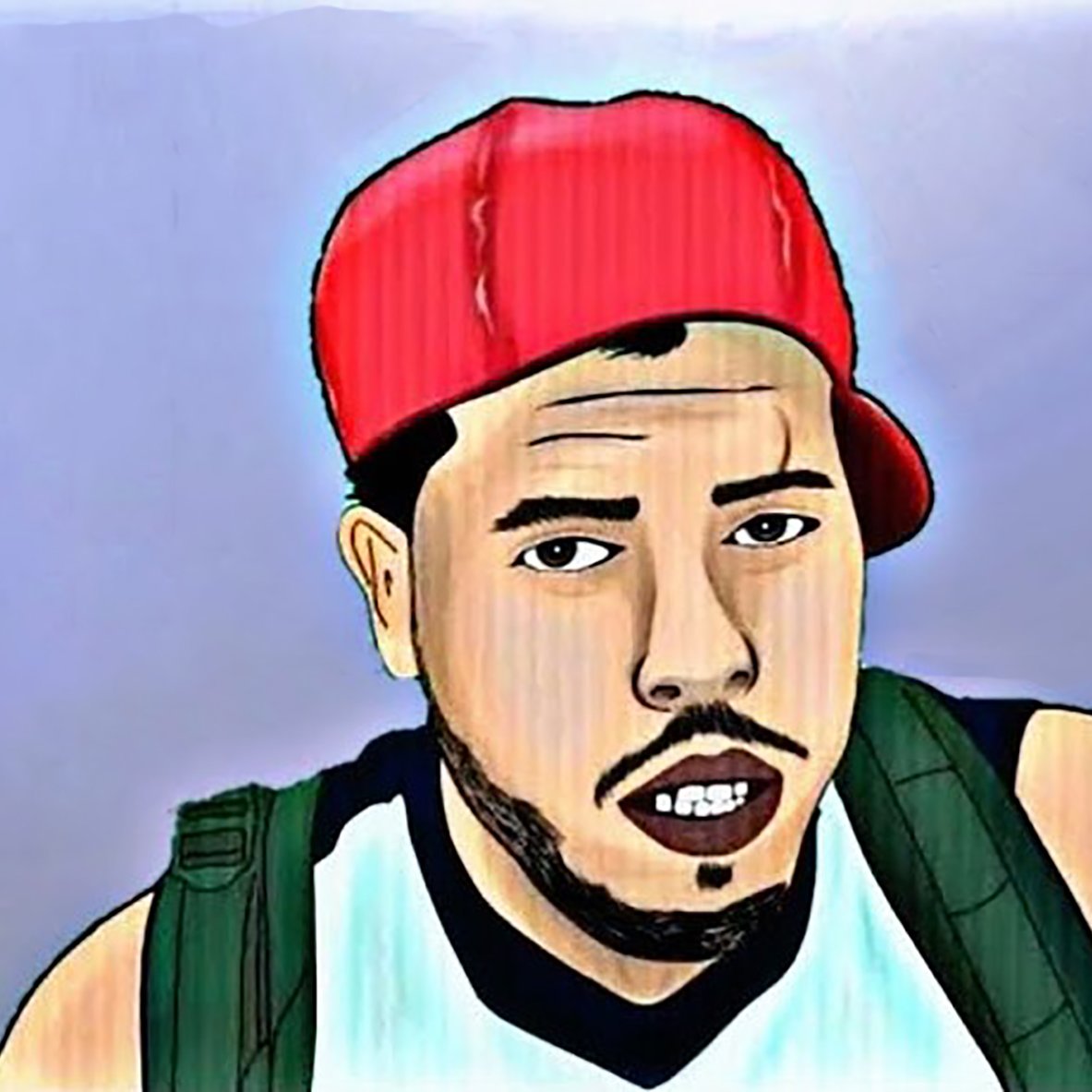 The image appears to be a stylized illustration of a young man wearing a red cap turned to the side. He has facial hair and a serious expression. His attire includes a sleeveless shirt, and he is wearing a backpack. The background is a soft gradient, adding depth to the portrait. The overall style gives it a graphic, artistic feel.