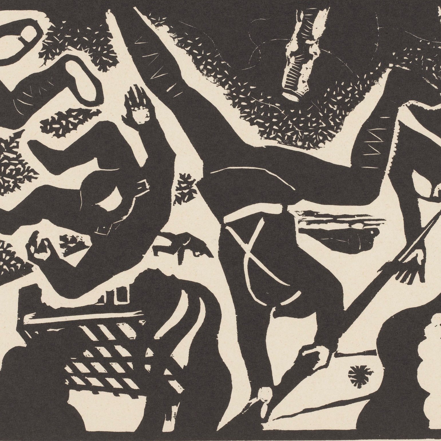 L'image présente une composition en noir et blanc, caractérisée par des formes stylisées et des silhouettes. On y voit des figures humaines et des éléments du quotidien, comme des chaussures et des bâtiments, qui semblent être disposés de manière désordonnée. Les formes abstraites et les gestes dynamiques des personnages créent une impression de mouvement et de tension. Le contraste entre le noir et le blanc accentue les contours et les détails, tandis que le fond minimaliste permet de se concentrer sur les éléments principaux de la scène.