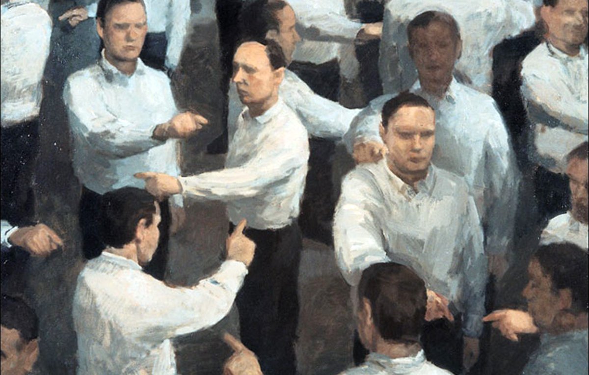 این تصویر، نقاشی‌ای را به نمایش می‌گذارد که تعدادی مرد در لباس‌های سفید را نشان می‌دهد. آنها در حال اشاره به یکدیگر هستند و حالت‌های مختلفی دارند. این ترکیب، فضایی پیچیده و غیرواقعی را ایجاد می‌کند که ممکن است به مسایل اجتماعی یا روانشناختی اشاره داشته باشد. حرکت‌ها و حرکات بدن آنها حس تعارض یا گفتگو را منتقل می‌کند. رنگ‌ها عمدتاً ملایم و خنثی هستند که به تصویر حس خاصی می‌بخشد.