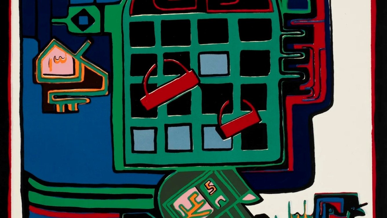 Composition abstraite colorée avec des formes géométriques et un personnage stylisé.