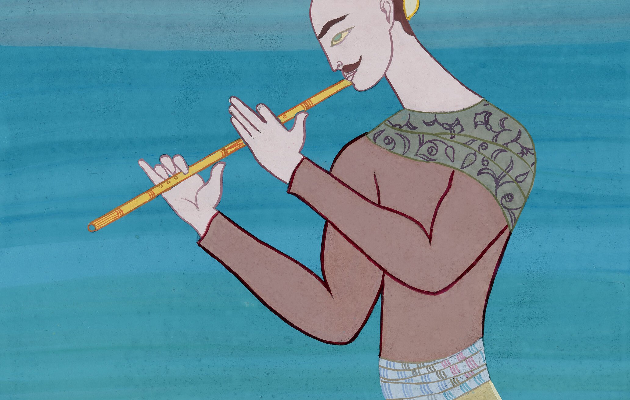 L'image représente une figure stylisée assise, jouant de la flûte. La personne a un look élégant avec un haut aux motifs détaillés et un pantalon fluide. La couleur de fond est une nuance apaisante de bleu, créant une ambiance sereine. La posture de l'individu dégage une certaine tranquillité et concentration, ajoutant à l'atmosphère musicale de la scène.