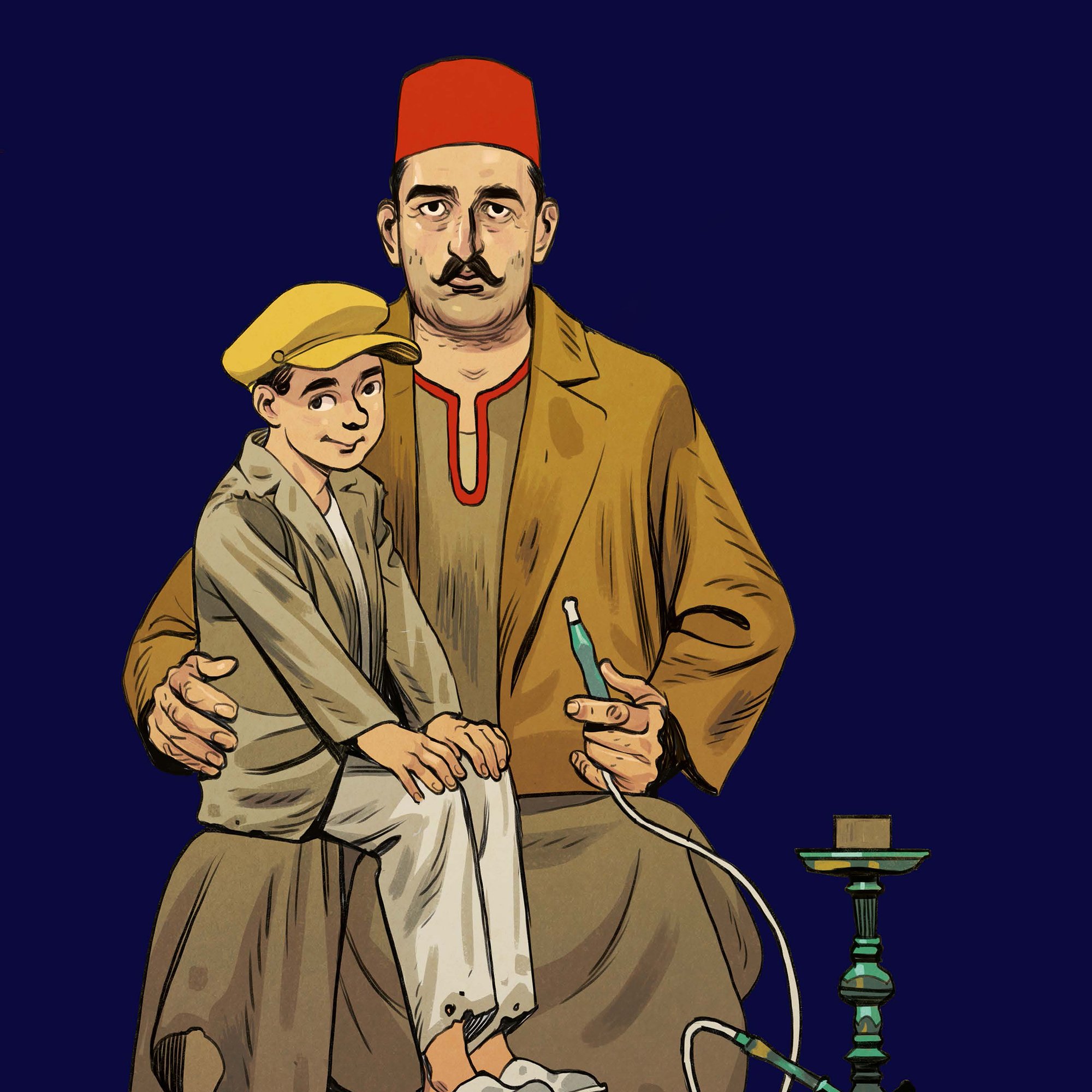 L'image représente un homme assis portant un fez rouge et des vêtements traditionnels. Il a une moustache bien fournie et semble chaleureux. Sur ses genoux se trouve un jeune garçon, également habillé de manière traditionnelle, avec une casquette jaune. À côté d'eux, il y a une narguilé, indiquant une atmosphère conviviale. Le fond de l'image est d'un bleu uni, ce qui met en valeur les personnages et leurs vêtements.