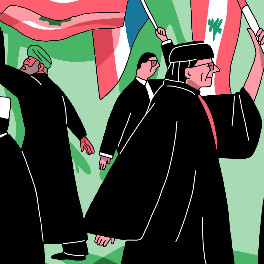 L'image représente une scène de manifestation ou de rassemblement avec plusieurs personnes portant des vêtements traditionnels. Elles brandissent des drapeaux de différents pays, comme le Liban et d'autres nations. L'arrière-plan est verdoyant, ce qui met en avant les personnages et leurs actions. Les expressions sur leurs visages semblent déterminées, soulignant un sentiment d'unité ou de revendication.