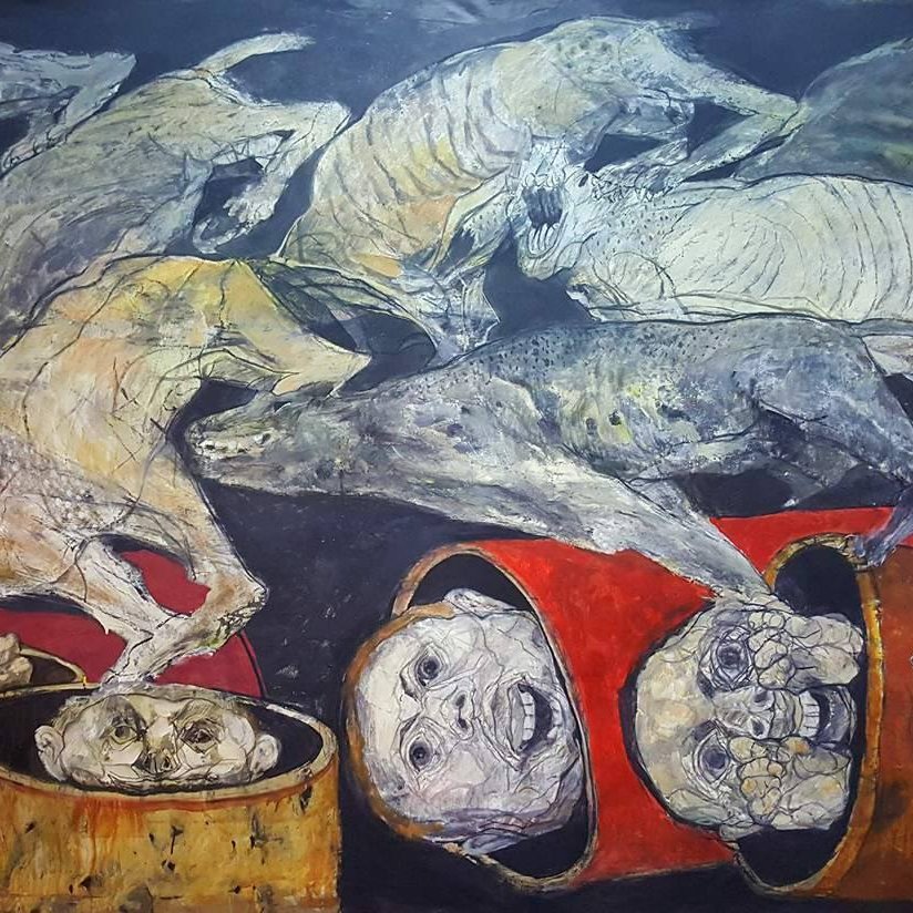 The image depicts a chaotic and unsettling scene featuring skeletal figures of animals, likely dogs, in dynamic motion, as if they are running or leaping. They are interspersed with containers that appear to hold dismembered heads and bones, creating a stark contrast between the lively movement of the animals and the grim contents of the barrels. The overall color palette includes dark tones, with hints of muted colors highlighting the figures and the disturbing elements, contributing to a sense of unease and intensity in the artwork.