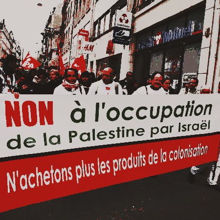L'image montre une manifestation avec des participants brandissant une grande bannière. Le texte sur la bannière exprime un message de protestation contre l'occupation de la Palestine par Israël, et appelle à ne plus acheter les produits de la colonisation. Les manifestants semblent unis et sont vêtus de vêtements variés, avec des drapeaux en arrière-plan. L'ambiance est sérieuse et engagée, reflétant un message politique fort.