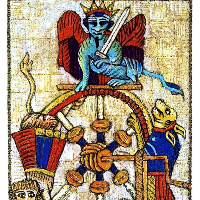 L'image représente une scène artistique symbolique. On y voit une figure bleue avec des ailes, couronnée, tenant une épée, placée au sommet d'une grande roue. Cette roue est entourée d'autres éléments, dont un lion et une sorte de personnage humanoïde. Le style semble inspiré par des motifs antiques ou médiévaux, avec des couleurs vives, telles que le rouge, le bleu et l'or. L'ensemble évoque des thèmes de pouvoir, de chance ou de destin, souvent associés aux représentations allégoriques.