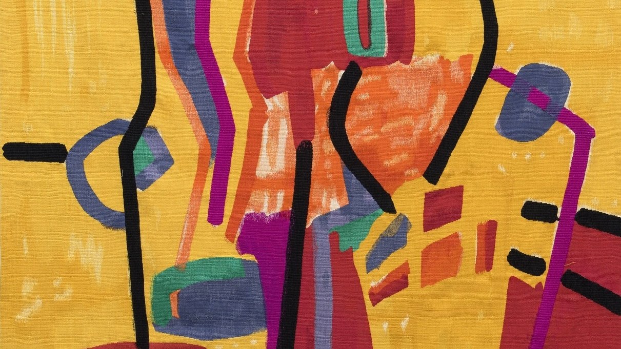 L'image présente une composition abstraite comprenant des formes géométriques colorées sur un fond jaune. On peut voir des lignes noires qui structurent l'œuvre et diverses taches de couleur, notamment des teintes de rouge, bleu, vert et violet. Les formes semblent s'entrelacer de manière dynamique, créant un sentiment de mouvement et de rythme. Le contraste entre les couleurs vives et le fond lumineux attire l'œil et invite à l'interprétation personnelle.