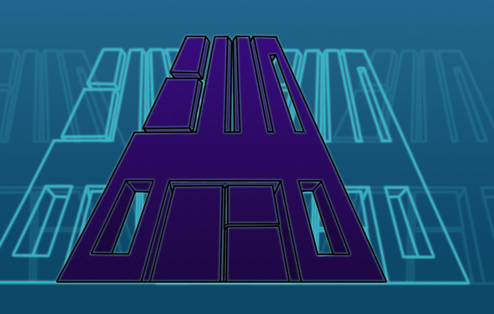 تظهر في الصورة تصميم هندسي بسطح أملس ولون أرجواني، يتخذ شكل مثلث مقلوب. يحتوي التصميم على أشكال مستطيلة مستقيمة ومتجاورة، مما يخلق انطباعًا ثلاثي الأبعاد. الخلفية تحتوي على تدرجات لونية تتراوح بين الأزرق والأخضر، مما يبرز الشكل الأمامي ويضيف عمقًا إلى الصورة.