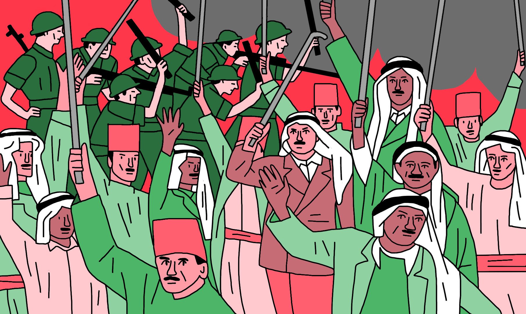 L'image représente une scène de protestation ou de révolte. On y voit un groupe de personnes brandissant des drapeaux et des bâtons, avec des expressions déterminées sur leurs visages. En arrière-plan, on distingue des soldats armés. Les personnages portent des vêtements traditionnels et des uniformes militaires, et l'ensemble de l'image est dominé par des couleurs vives, notamment du rouge et du vert, ce qui accentue l'intensité de la scène. L'atmosphère semble chargée d'émotion et de tension.