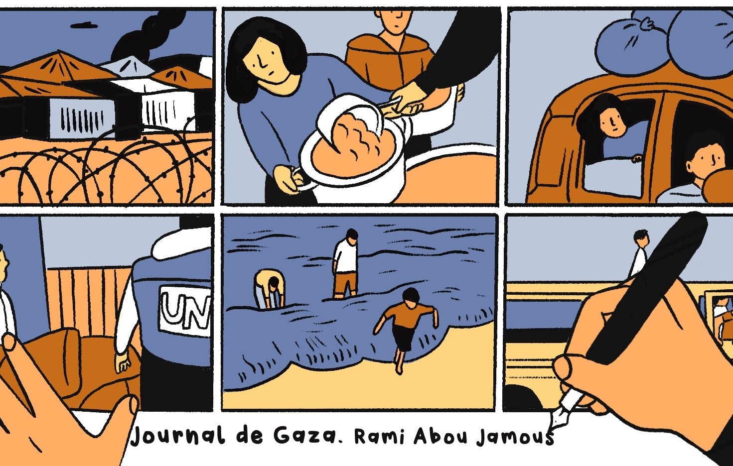 L'image présente une série de vignettes illustrant des scènes de la vie à Gaza. On y voit des campements, des interactions humaines, un véhicule sur une route, et des activités sur la plage. L'ensemble dégage une atmosphère de quotidien et de résilience, avec des aspects de solidarité et de difficulté. En bas, on peut voir la mention "Journal de Gaza" et le nom "Rami Abou Jamous", suggérant qu'il s'agit d'un récit personnel ou d'un témoignage sur la situation dans la région.