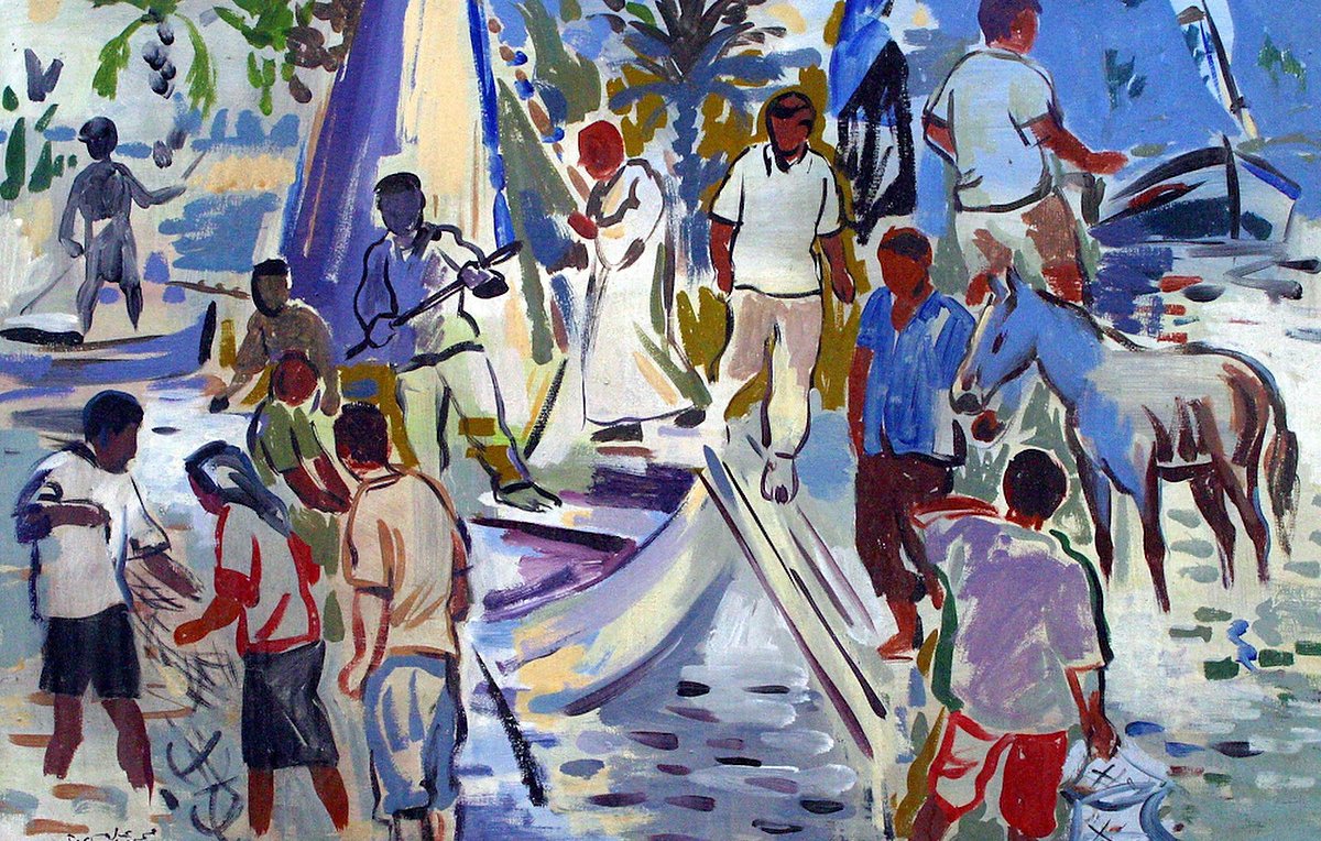 L'image représente une scène vibrante et animée, probablement inspirée d'une activité de pêche ou de navigation. On y voit plusieurs personnages, dont certains sont sur des bateaux, tandis que d'autres interagissent avec l'eau ou s'affairent sur la plage. Les couleurs sont principalement des teintes de bleu, blanc et des touches de couleurs chaudes, créant une atmosphère vivante. Les personnages semblent être engagés dans des activités diverses, et l'arrière-plan suggère un environnement tropical avec des palmiers. L'ensemble évoque une ambiance de vie communautaire et d'harmonie avec la nature.