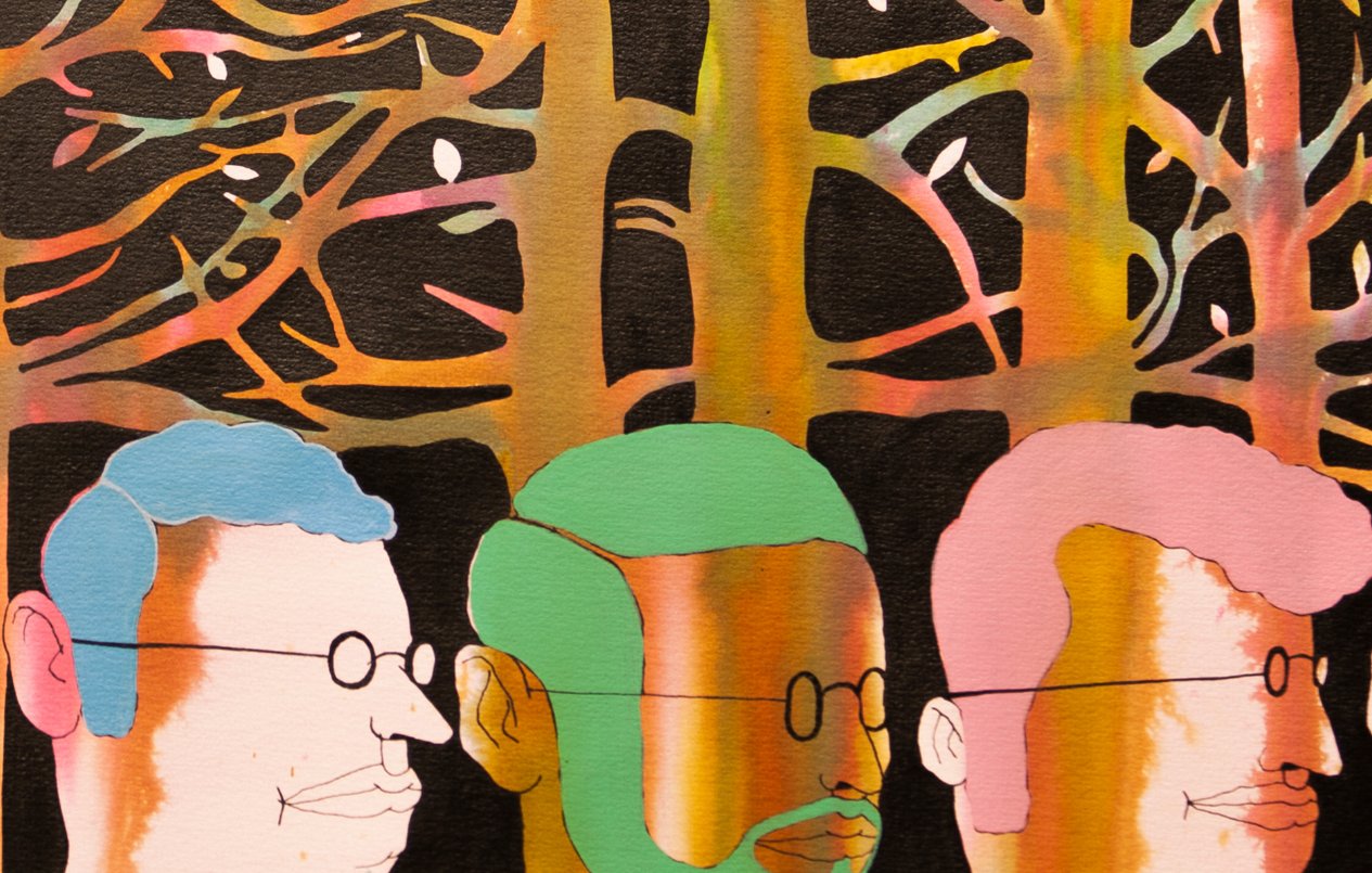 L'image présente une scène colorée et stylisée avec des silhouettes de trois hommes, qui semblent être de profil. Ils sont placés devant une forêt stylisée, dont les arbres sont représentés par des lignes de couleurs vives, créant un contraste avec le fond sombre. Les visages des hommes sont également peints dans des teintes variées, ajoutant une dimension artistique et abstraite à l'ensemble. La composition évoque une atmosphère à la fois mystérieuse et imaginative.