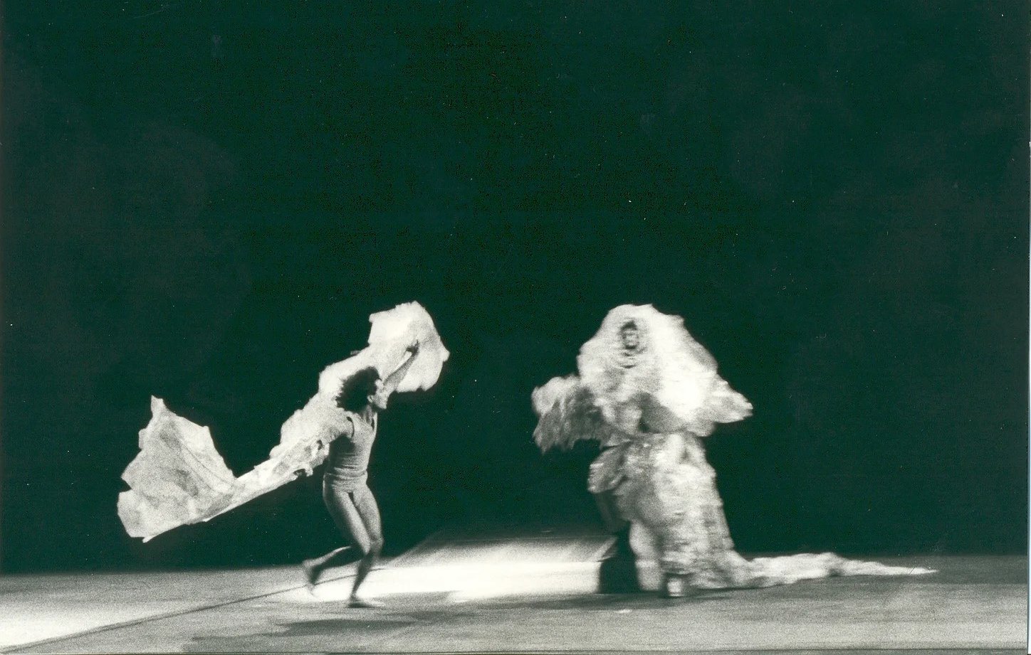 تشير الصورة إلى مشهد من عرض فني، حيث يظهر شخص يرتدي زيًا بسيطًا يجري في اتجاه واحد ممسكًا بقماش أو قطعة من القماش كبيرة يرتديها زميله في الاتجاه الآخر. يبدو أن الخلفية مظلمة، مما يبرز الأشكال بشكل جيد، ويعطي إحساسًا بالحركة والديناميكية. الأزياء في الصورة قد تشير إلى أداء مسرحي أو عرض راقص.