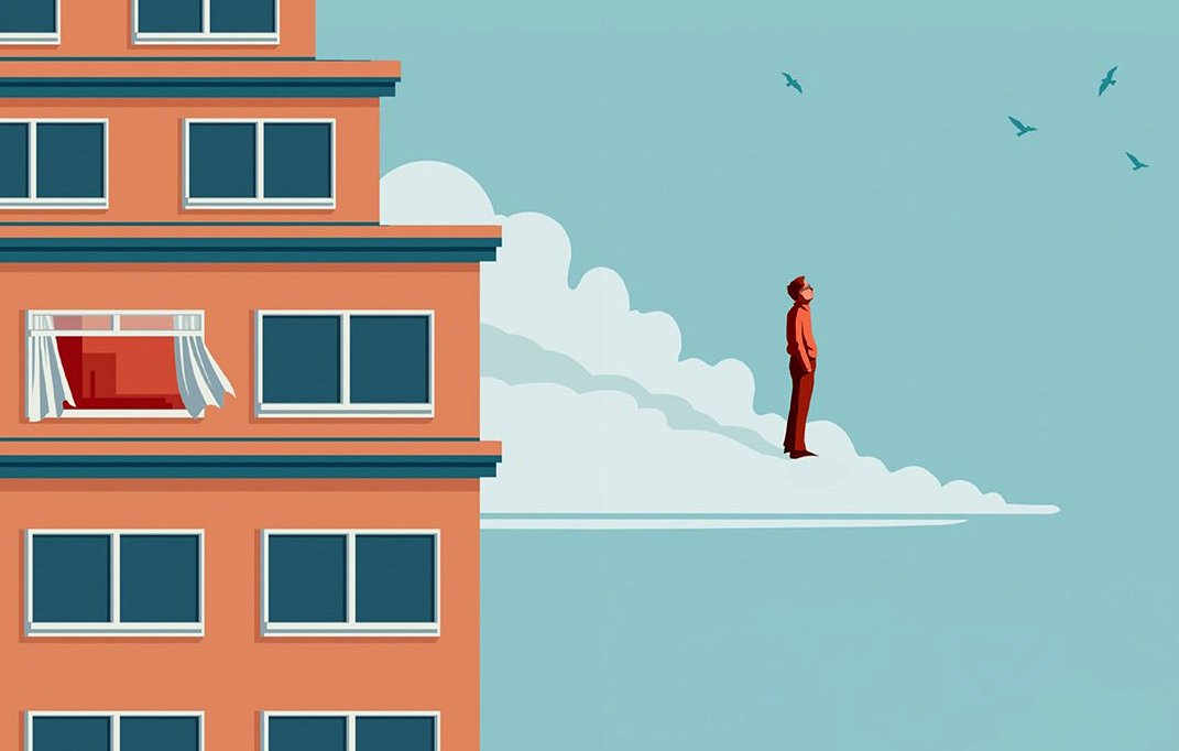 L'image représente un bâtiment coloré, probablement un immeuble de bureaux ou d'appartements, avec une façade orange. Sur l'un des étages, une fenêtre avec un rideau blanc s'ouvre sur un ciel bleu. En dehors du bâtiment, un homme en costume se tient debout sur un nuage. Le ciel est parsemé d'oiseaux, ajoutant une touche dynamique à la scène. L'ensemble de l'image évoque un mélange de rêve et de réalité urbaine.