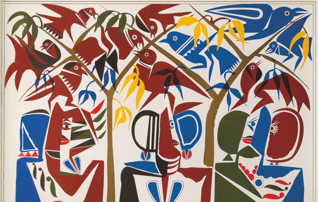 L'image présente une composition stylisée et colorée, typique de l'art moderne. On y voit deux figures humaines, dont les traits sont simplifiés et géométriques, se tenant en face l'une de l'autre. Elles sont entourées de motifs naturels, tels que des arbres avec des feuillages et des oiseaux aux couleurs vives. Les couleurs dominantes sont le rouge, le bleu, le vert et le jaune, créant un contraste frappant. Les formes et les lignes sont utilisées de manière expressive, donnant une impression de mouvement et de dynamisme à l'ensemble de la scène.