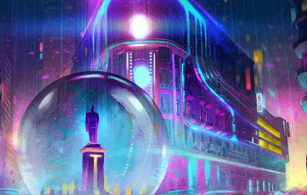 L'image montre une scène urbaine futuriste et nocturne, où un bâtiment imposant est illuminé par des lumières vives et colorées. Au premier plan, une boule de verre renferme une statue, créant une atmosphère mystérieuse et fantastique. Des éclaboussures de pluie et un éclairage néon ajoutent une ambiance dynamique à l'ensemble, évoquant une ville vibrante, pleine de vie et de technologie.