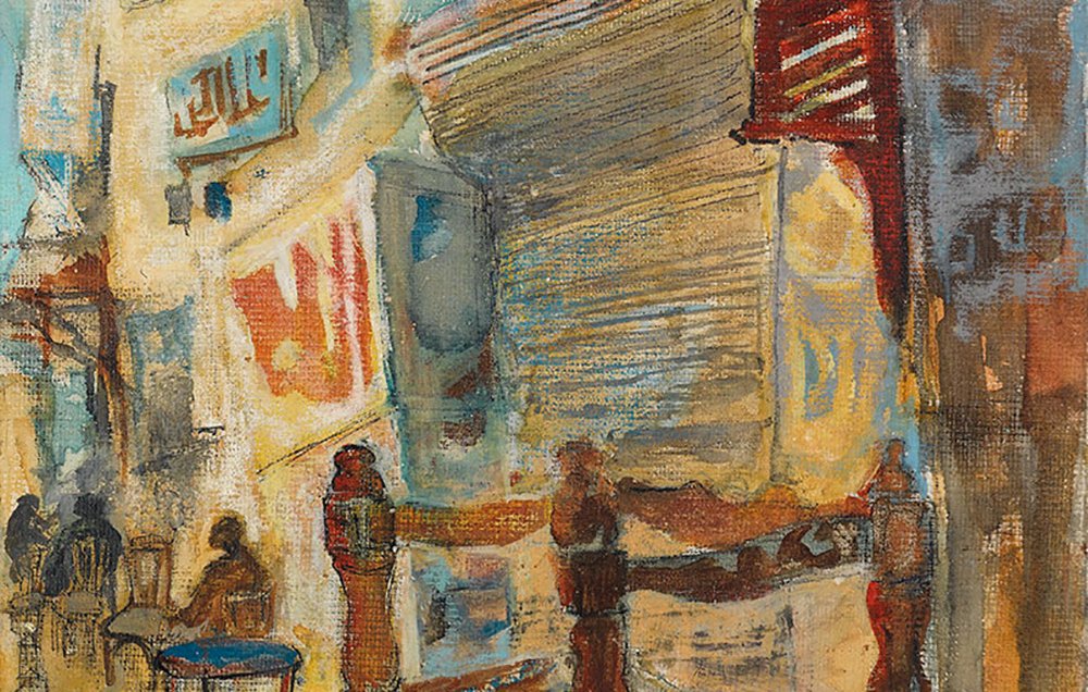 L'image représente une scène urbaine vibrante, probablement inspirée d'un marché ou d'une rue animée. On y voit des bâtiments aux façades colorées, avec des motifs et des textures variés. Un meuble en bois est placé au centre, suggérant un espace de vie ou de commerce. L'atmosphère est chaleureuse, avec des touches de lumière qui traversent la composition, créant une ambiance vivante et accueillante. Des silhouettes humaines peuvent être présentes, ajoutant une dimension de mouvement et de dinamisme à la peinture. Les couleurs utilisées sont douces et harmonieuses, contribuant à une impression générale de sérénité et de convivialité.