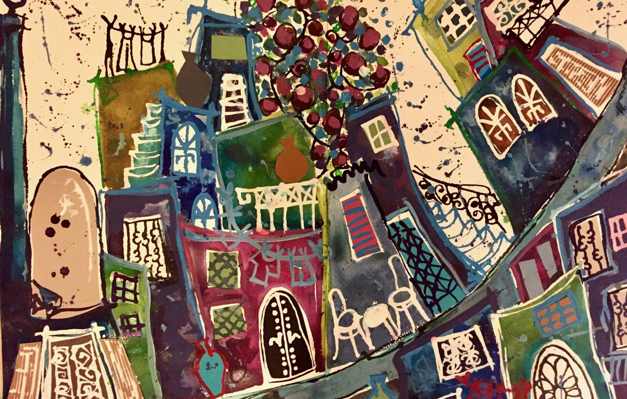 L'image montre une scène colorée et abstraite d'un paysage urbain. On y voit des bâtiments stylisés aux formes ondulées, peints dans des tons de bleu, vert, et rouge. Les fenêtres et portes sont ornées de motifs variés, et certaines façades sont décorées de pots et vases. Au-dessus des maisons, un groupe de fruits ou de fleurs donne une touche de fraîcheur à la composition. L'ensemble dégage une atmosphère joyeuse et artistique.